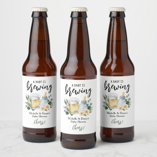 Baby Is Brewing Greenery Baby Shower Cheers Beer Bottle Label