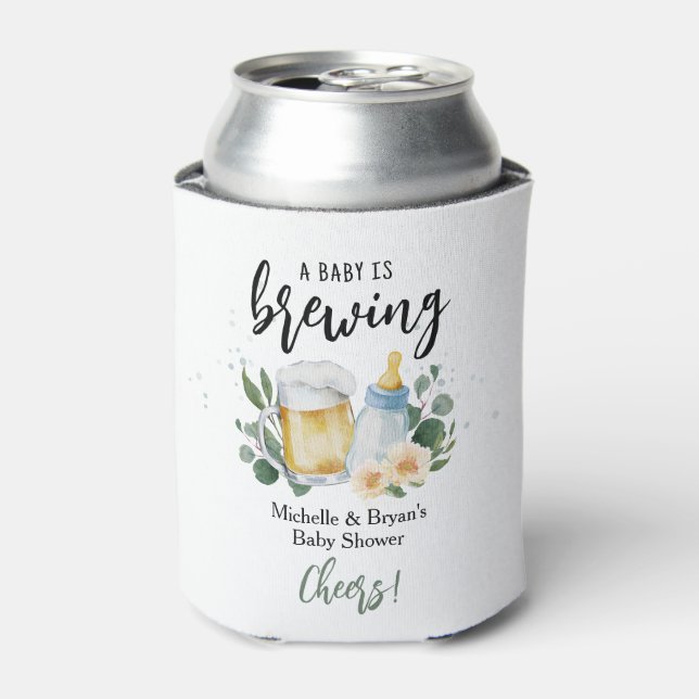 Baby Is Brewing Greenery Baby Shower Cheers Can Cooler (Can Front)