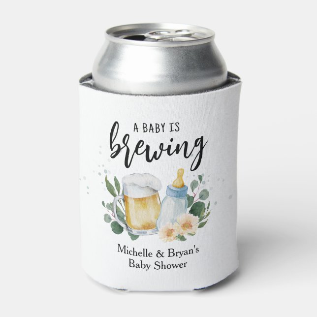 Baby Is Brewing Greenery Baby Shower Cheers Can Cooler (Can Front)