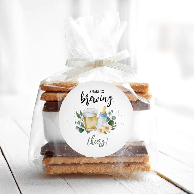 Baby Is Brewing Greenery Baby Shower Cheers Classic Round Sticker (Creator Uploaded)