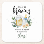 Baby Is Brewing Greenery Baby Shower Cheers Square Paper Coaster<br><div class="desc">Watercolor Beer Mug and Feeding Bottle Baby Is Brewing Baby Shower Beer Coaster. Brewery Unisex Theme.
Design features an elegant modern style text layout. To make advanced changes,  please select "Click to customize further" option under Personalize this template.</div>