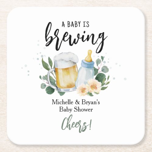 Baby Is Brewing Greenery Baby Shower Cheers Square Paper Coaster