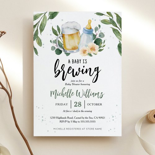 Baby Is Brewing Greenery Baby Shower Invitation
