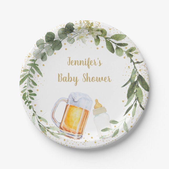 Baby Is Brewing Greenery Baby Shower Paper Plates (Front)