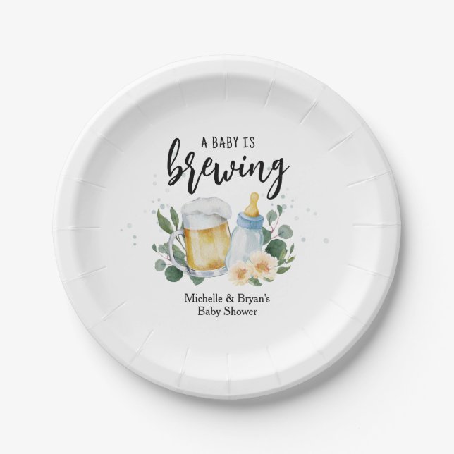 Baby Is Brewing Greenery Baby Shower  Paper Plates (Front)