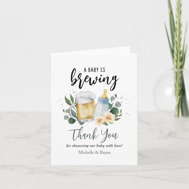 Baby Is Brewing Greenery Baby Shower Thank You Card (Front)