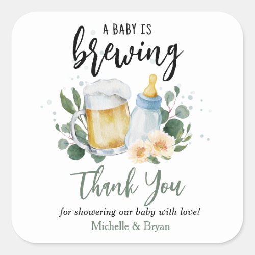 Baby Is Brewing Greenery Baby Shower Thank You Square Sticker