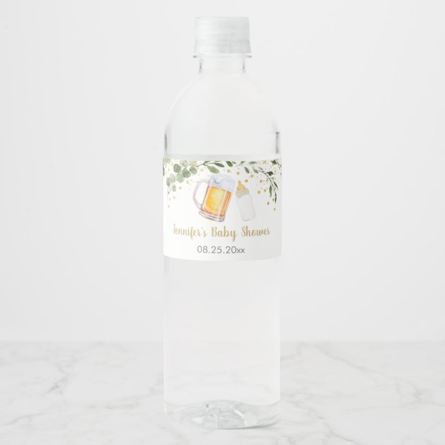 Baby Is Brewing Greenery Baby Shower Water Bottle Label (Front)