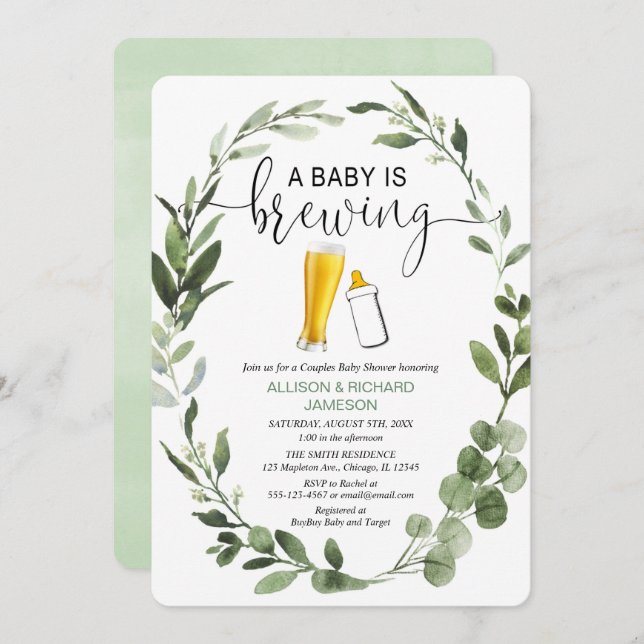 Baby is Brewing greenery couples baby shower Invitation (Front/Back)