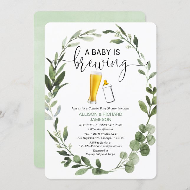 Baby is Brewing greenery couples baby shower Invitation (Front/Back)