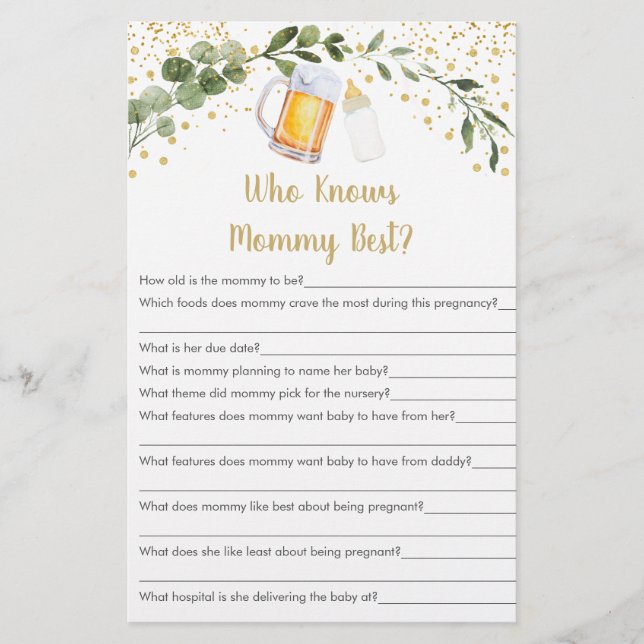 Baby Is Brewing Greenery Who Knows Mommy Best Game (Front)