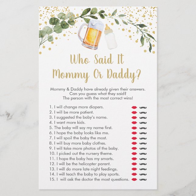 Baby Is Brewing Greenery Who Said It Game (Front)