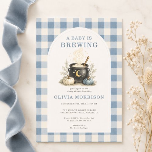 Baby Is Brewing Halloween Blue Boy Baby Shower Invitation, Traditional · Blue · Baby Boy
