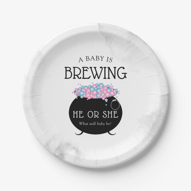 Baby Is Brewing Halloween Gender Reveal Party Paper Plates (Front)