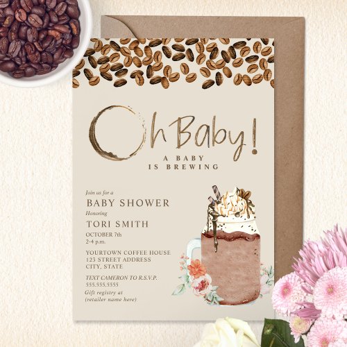 Baby Is Brewing Iced Coffee Floral Oh Baby Shower Invitation