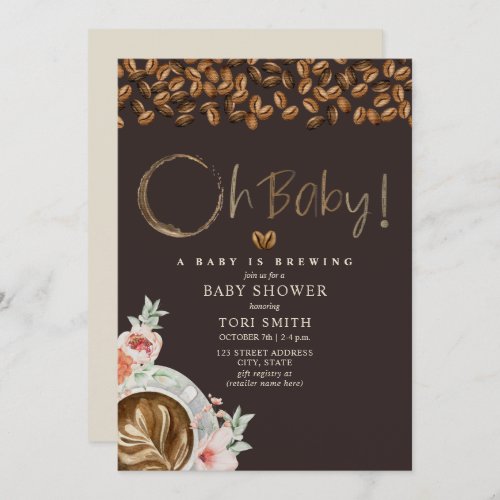 Baby Is Brewing Oh Baby Dark Coffee Floral Shower Invitation