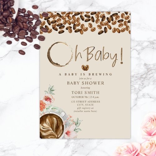 Baby Is Brewing Oh Baby Floral Coffee Baby Shower Invitation