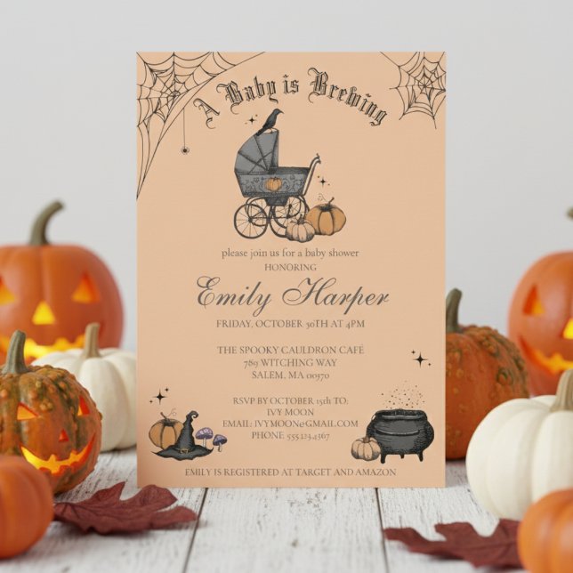Baby is Brewing Orange Gender Neutral Baby Shower Invitation (Spooky October Baby Shower Invitations. Orange Baby is Brewing Victorian Baby Carriage Black Raven)