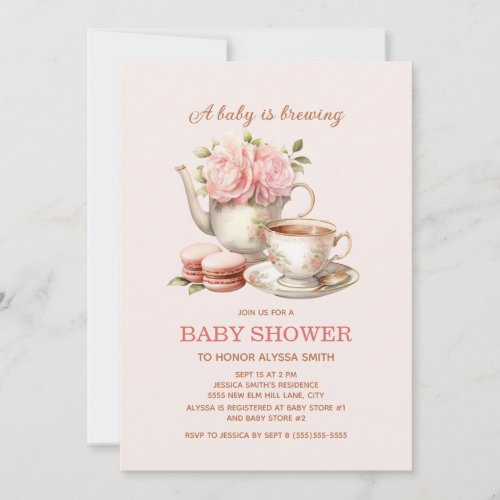 Baby is Brewing Pink Floral Baby Girl  Invitation