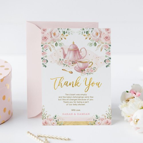 Baby is Brewing Pink Floral Baby Shower Tea Party Thank You Card