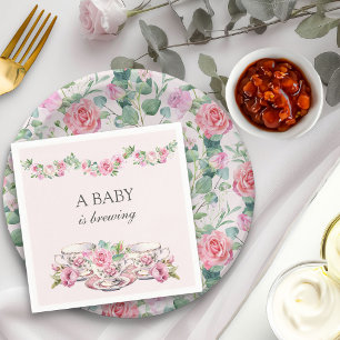 Baby is Brewing Pink Floral Vintage Tea Cups Napkins