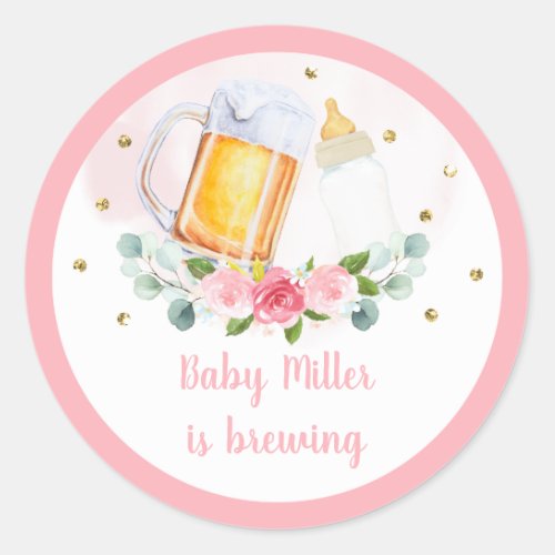 Baby Is Brewing Pink Gold Floral Baby Shower Classic Round Sticker