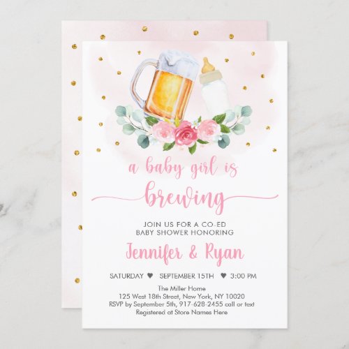 Baby Is Brewing Pink Gold Floral Baby Shower Invitation