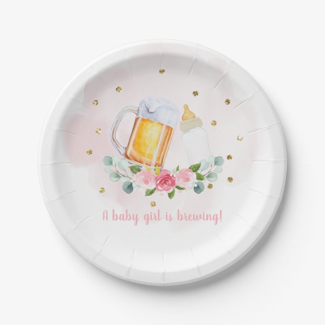 Baby Is Brewing Pink Gold Floral Baby Shower Paper Plates (Front)