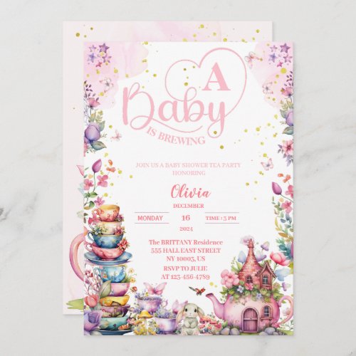  baby is brewing pink gold tea baby shower invitation