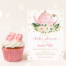 Baby Is Brewing Pink Gold Tea Baby Shower Invitation