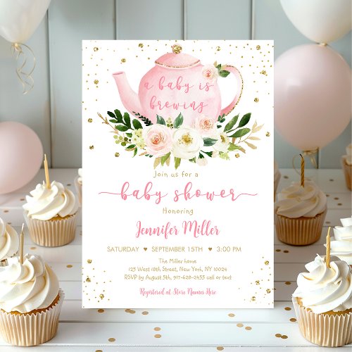 Baby Is Brewing Pink Gold Tea Baby Shower Invitation