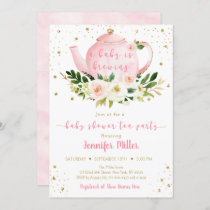 Baby Is Brewing Pink Gold Tea Party Baby Shower Invitation