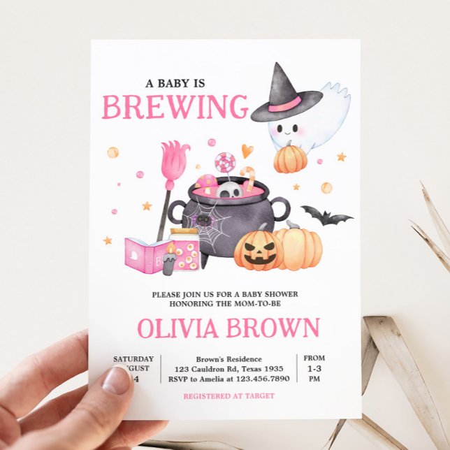 Baby is Brewing Pink Halloween Baby Shower Invitation (Baby is Brewing Invitation
)