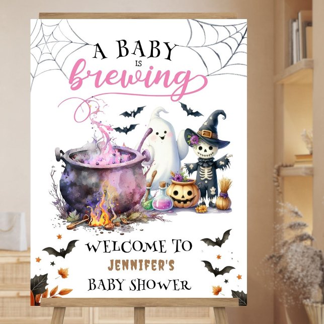 Baby is Brewing Pink Halloween Baby Shower Welcome Foam Board (Creator Uploaded)