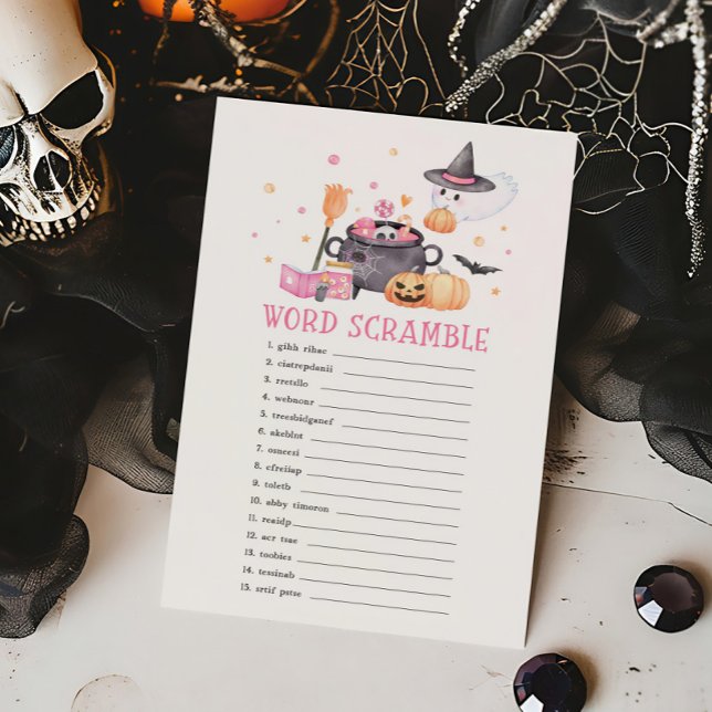 Baby is Brewing Pink Halloween Word Scramble Game (Baby is Brewing Baby Shower Word Scramble Game)
