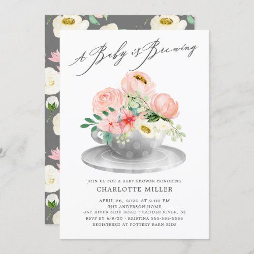 Baby Is Brewing Pink Peonies Floral Baby Tea Invitation