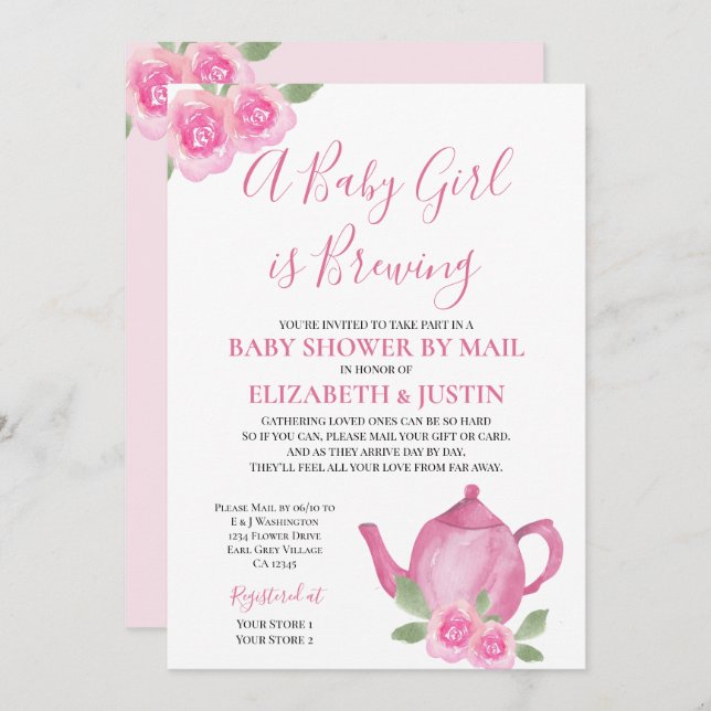Baby is Brewing Pink Teapot Baby Shower by Mail Invitation (Front/Back)