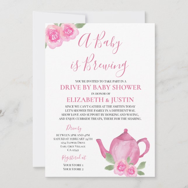 Baby is Brewing Pink Teapot Drive By Baby Shower Invitation (Front)