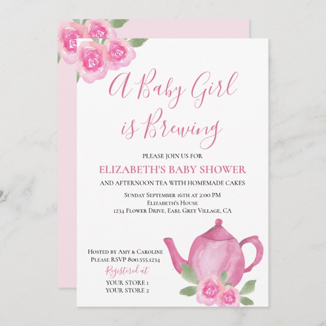 Baby is Brewing Pink Teapot Girl Baby Shower Invitation (Front/Back)
