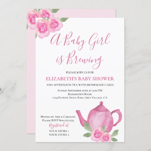 Baby is Brewing Pink Teapot Girl Baby Shower Invitation