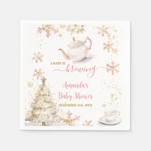 Baby Is Brewing Pink Winter Tea Party Baby Shower Napkins