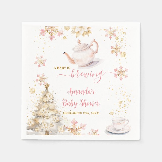 Baby Is Brewing Pink Winter Tea Party Baby Shower Napkins (Front)