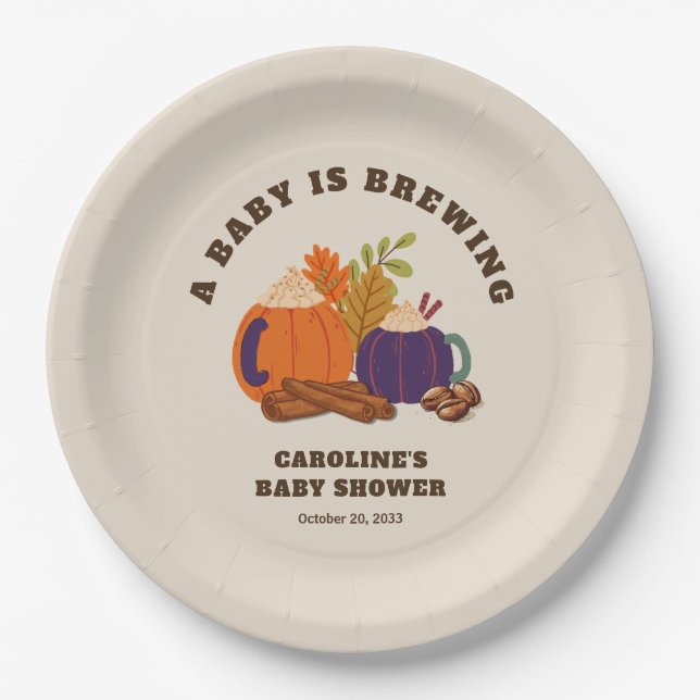 Baby Is Brewing Pumpkin Coffee Fall Baby Shower Paper Plates (Front)