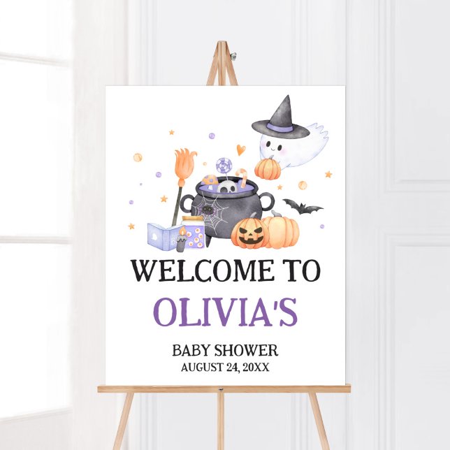 Baby is Brewing Purple Halloween Welcome Poster (Baby is Brewing Baby Shower Welcome Sign)