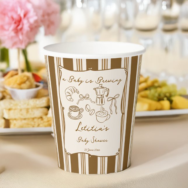 Baby is brewing retro coffee baby shower custom paper cups (Baby is brewing retro brown stripes  coffee baby shower brunch custom paper cups personalized decor)