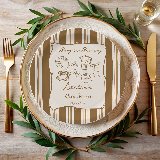Baby is brewing retro stripes coffee baby shower  paper plates (Baby is brewing vintage retro brown stripes coffee baby shower personalized printed paper plates)