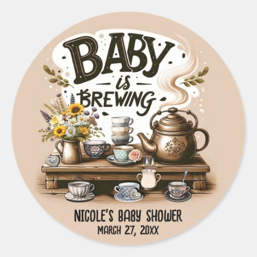 Baby is Brewing Rustic Tea Kettle Peach Shower Classic Round Sticker