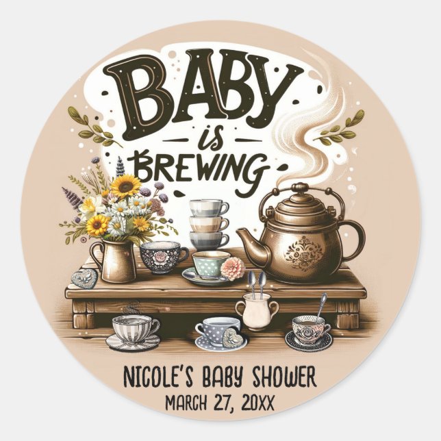 Baby is Brewing Rustic Tea Kettle Peach Shower Classic Round Sticker (Front)