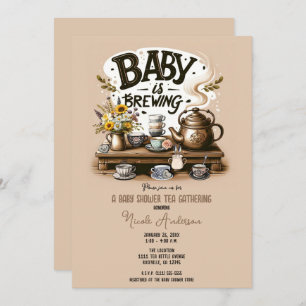 Baby is Brewing Rustic Tea Kettle Peach Shower Invitation
