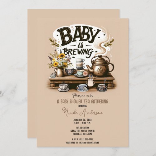 Baby is Brewing Rustic Tea Kettle Peach Shower Invitation
